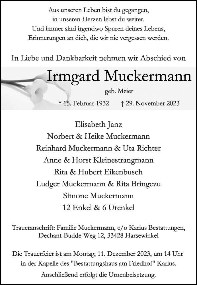  Traueranzeige für Irmgard Muckermann vom 02.12.2023 aus Die Glocke