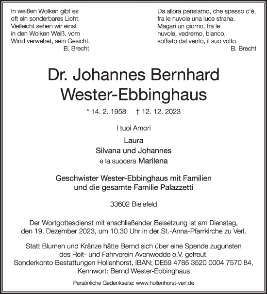 Traueranzeige von Johannes Wester-Ebbinghaus von Die Glocke