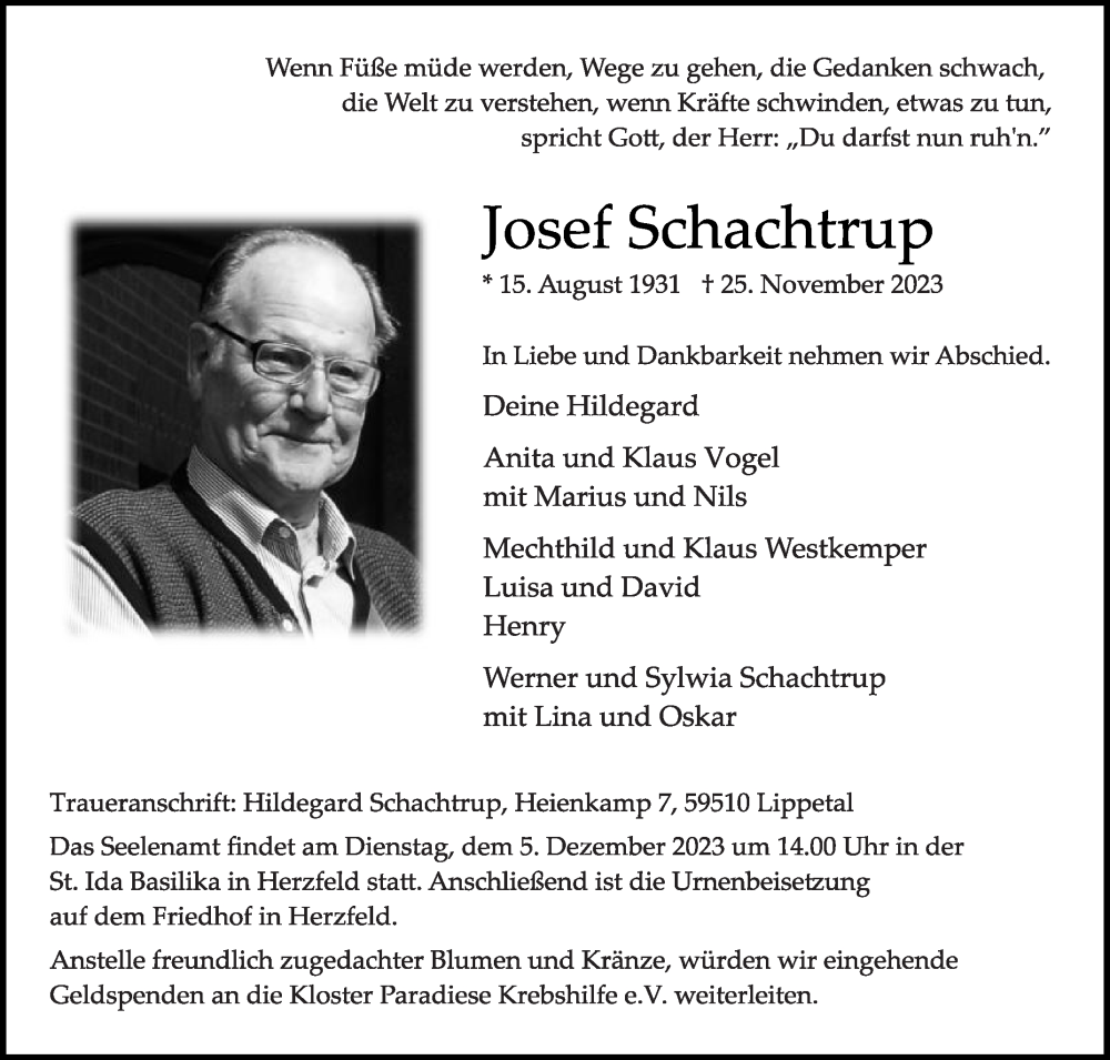  Traueranzeige für Josef Schachtrup vom 02.12.2023 aus Die Glocke