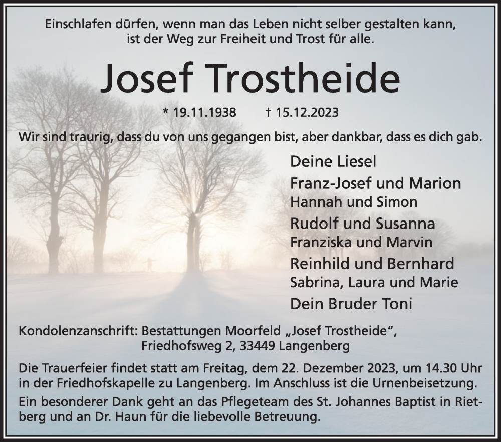  Traueranzeige für Josef Trostheide vom 20.12.2023 aus Die Glocke