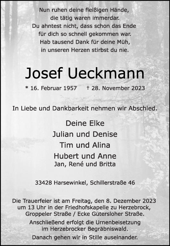 Traueranzeige für Josef Ueckmann vom 02.12.2023 aus Die Glocke