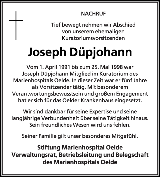 Traueranzeige von Joseph Düpjohann von Die Glocke