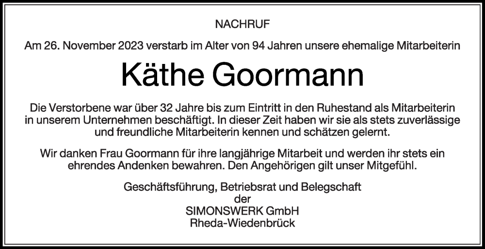  Traueranzeige für Käthe Goormann vom 11.12.2023 aus Die Glocke