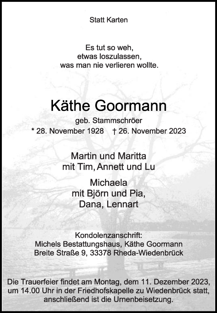  Traueranzeige für Käthe Goormann vom 02.12.2023 aus Die Glocke
