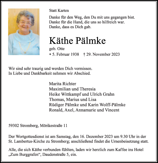 Traueranzeige von Käthe Pälmke von Die Glocke