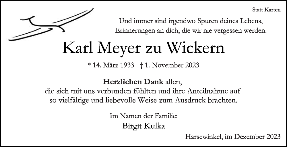 Traueranzeige für Karl Meyer zu Wickern vom 02.12.2023 aus Die Glocke