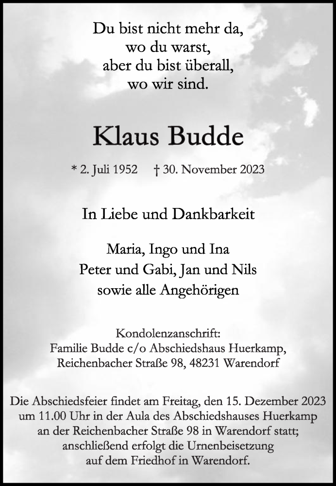  Traueranzeige für Klaus Budde vom 09.12.2023 aus Die Glocke
