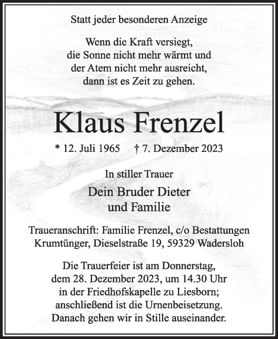 Traueranzeige von Klaus Frenzel von Die Glocke