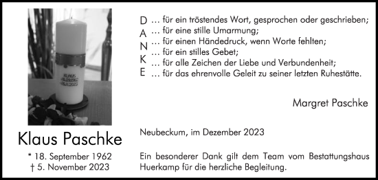 Traueranzeige von Klaus Paschke von Die Glocke