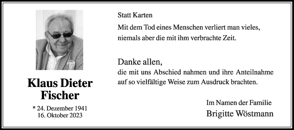  Traueranzeige für Klaus Dieter Fischer vom 02.12.2023 aus Die Glocke