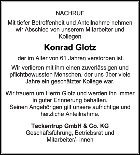 Traueranzeige von Konrad Glotz von Die Glocke