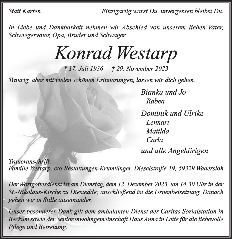  Traueranzeige für Konrad Westarp vom 02.12.2023 aus Die Glocke