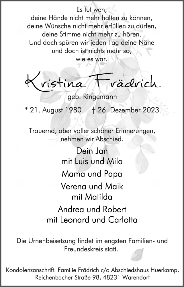  Traueranzeige für Kristina Frädrich vom 30.12.2023 aus Die Glocke