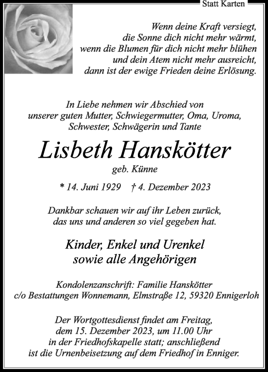 Traueranzeige von Lisbeth Hanskötter von Die Glocke