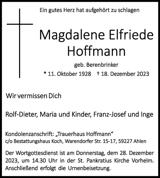 Traueranzeige von Magdalene Elfriede Hoffmann von Die Glocke