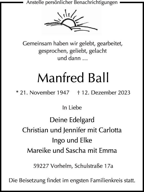 Traueranzeige von Manfred Ball von Die Glocke