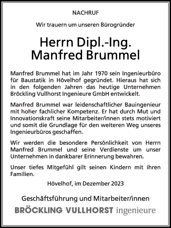 Traueranzeige von Manfred Brummel von Die Glocke