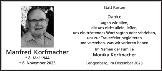 Traueranzeige von Manfred Korfmacher von Die Glocke