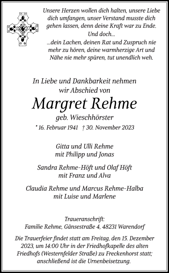 Traueranzeige von Margret Rehme von Die Glocke