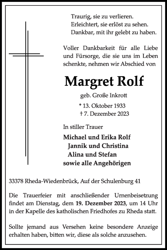 Traueranzeige von Margret Rolf von Die Glocke