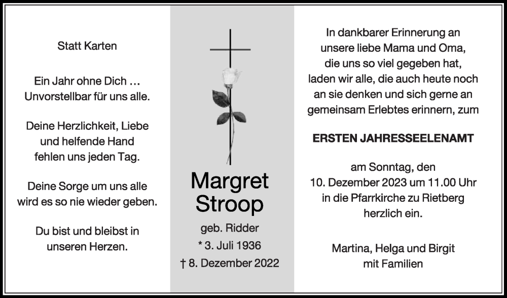  Traueranzeige für Margret Stroop vom 02.12.2023 aus Die Glocke
