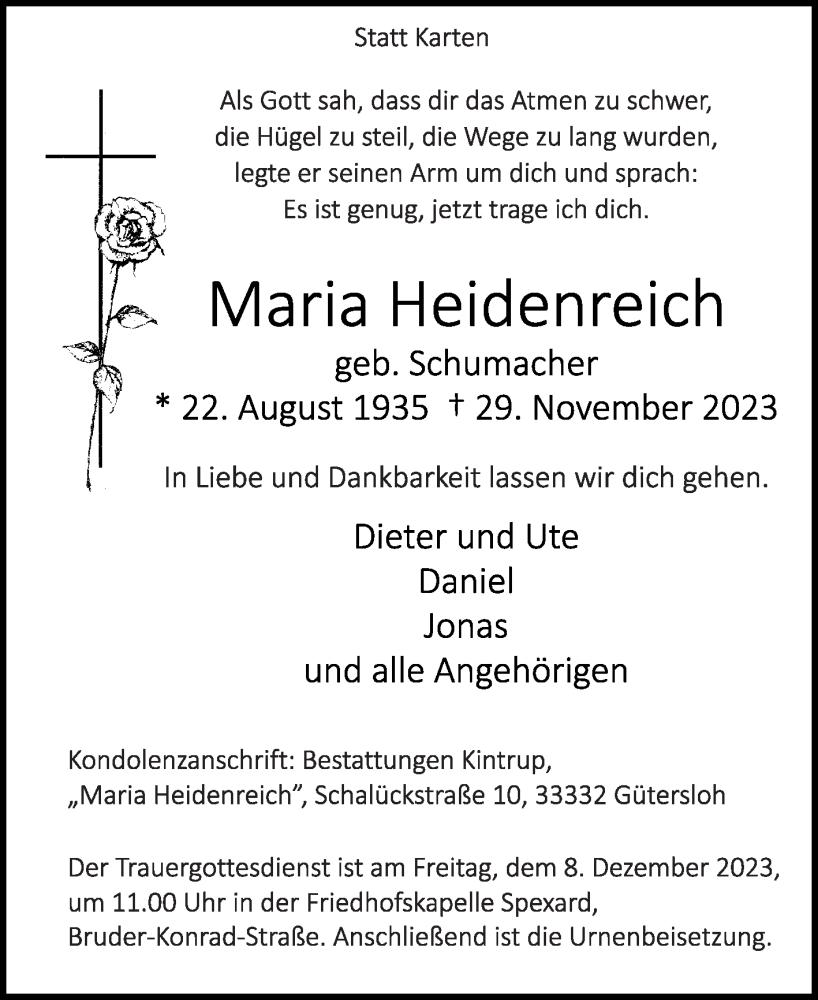  Traueranzeige für Maria Heidenreich vom 02.12.2023 aus Die Glocke