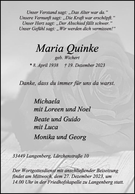 Traueranzeige von Maria Quinke von Die Glocke