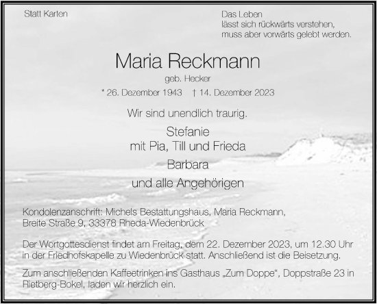 Traueranzeige von Maria Reckmann von Die Glocke