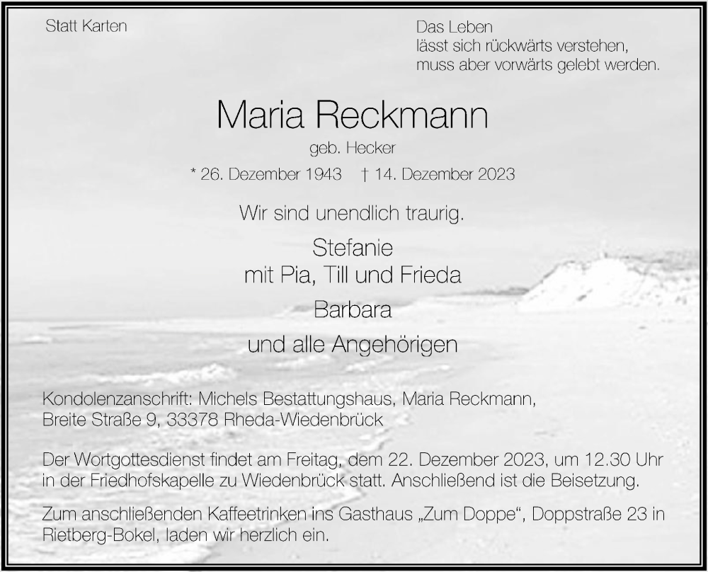  Traueranzeige für Maria Reckmann vom 20.12.2023 aus Die Glocke