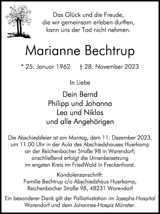 Traueranzeige von Marianne Bechtrup von Die Glocke