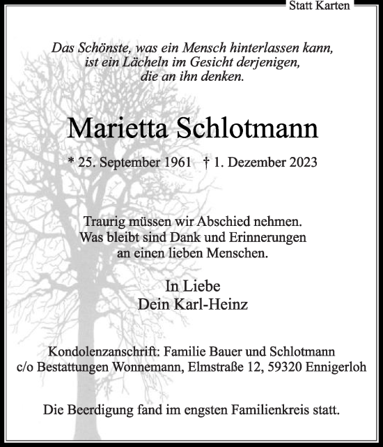 Traueranzeige von Marietta Schlotmann von Die Glocke