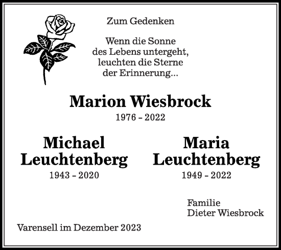 Traueranzeige von Marion Wiesbrock von Die Glocke