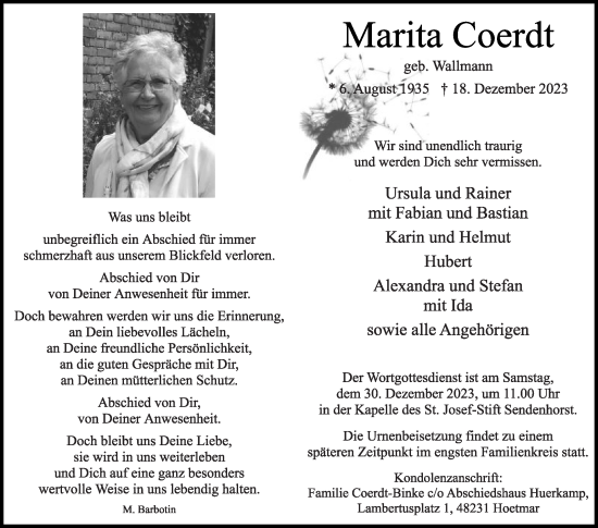 Traueranzeige von Marita Coerdt von Die Glocke