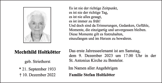 Traueranzeige von Mechthild Holtkötter von Die Glocke