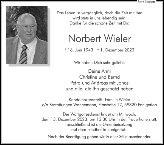 Traueranzeige von Norbert Wieler von Die Glocke