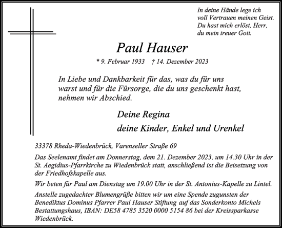 Traueranzeige von Paul Hauser von Die Glocke