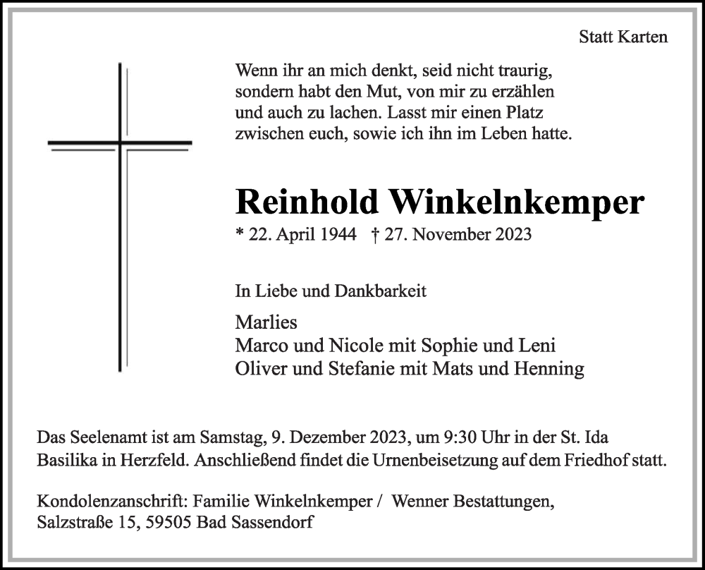  Traueranzeige für Reinhold Winkelnkemper vom 02.12.2023 aus Die Glocke