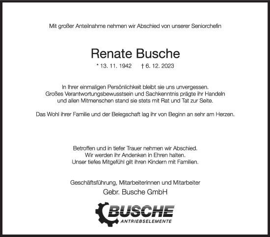 Traueranzeige von Renate Busche von Die Glocke