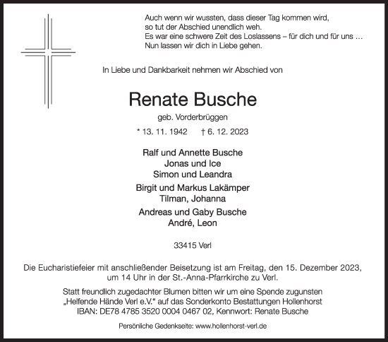 Traueranzeige von Renate Busche von Die Glocke