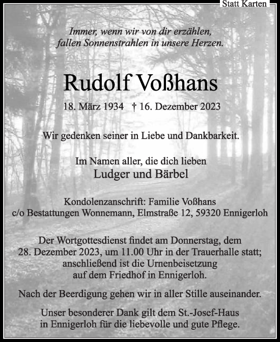 Traueranzeige von Rudolf Voßhans von Die Glocke