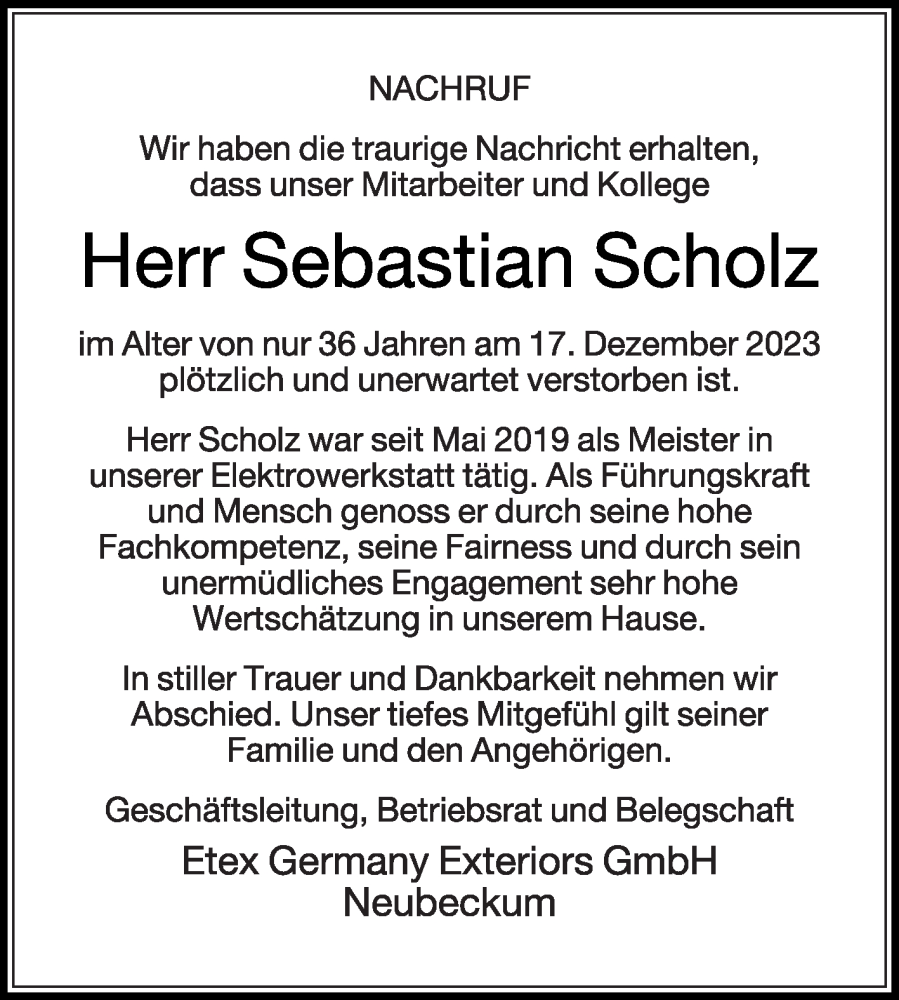  Traueranzeige für Sebastian Scholz vom 23.12.2023 aus Die Glocke