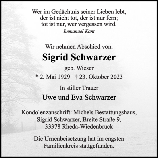 Traueranzeige von Sigrid Schwarzer von Die Glocke