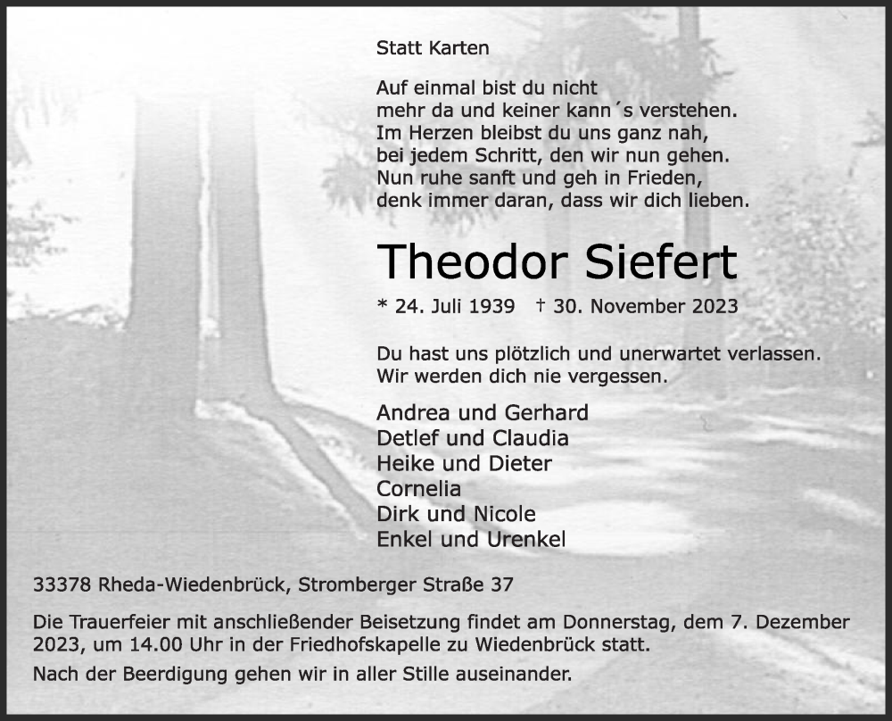  Traueranzeige für Theodor Siefert vom 02.12.2023 aus Die Glocke