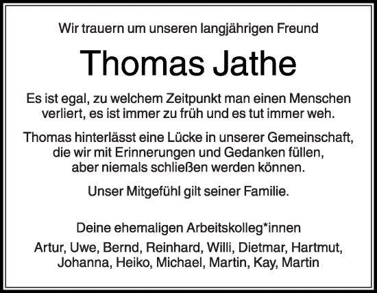 Traueranzeige von Thomas Jathe von Die Glocke