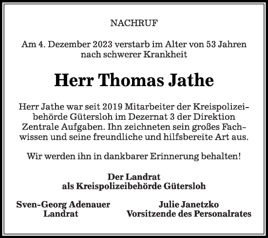 Traueranzeige von Thomas Jathe von Die Glocke