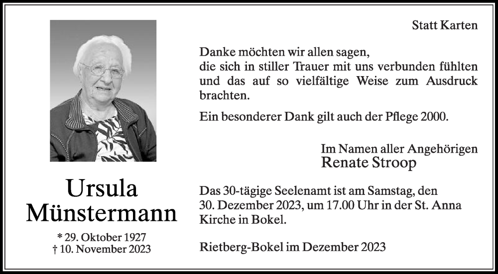  Traueranzeige für Ursula Münstermann vom 23.12.2023 aus Die Glocke