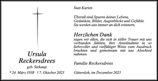 Traueranzeige von Ursula Reckersdrees von Die Glocke