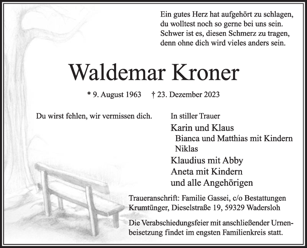  Traueranzeige für Waldemar Kroner vom 30.12.2023 aus Die Glocke