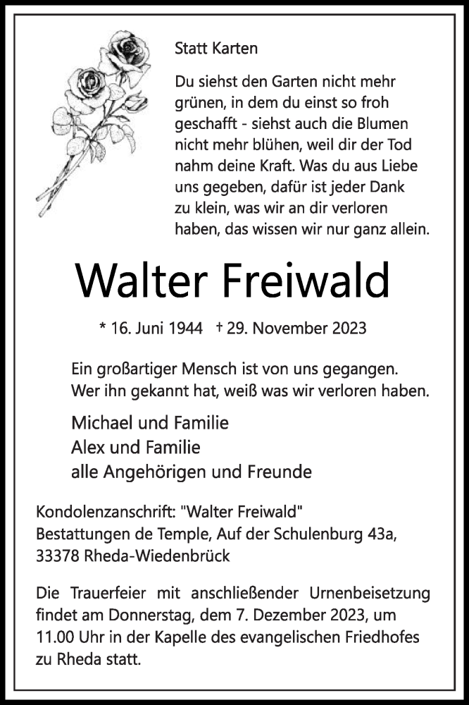  Traueranzeige für Walter Freiwald vom 02.12.2023 aus Die Glocke
