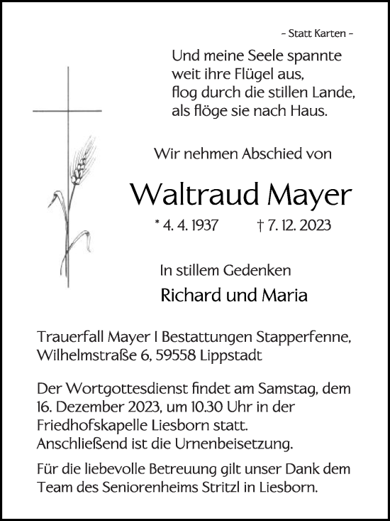 Traueranzeige von Waltraud Mayer von Die Glocke